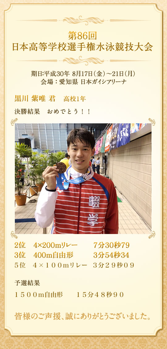 第８６回　日本高等学校選手権水泳競技大会 結果